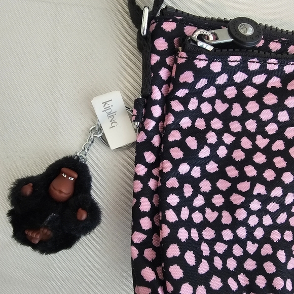 NWT Kipling Mikaela Nylon Crossbody Bag Pink & Black Dot Print w/ Monkey - Picture 4 of 14